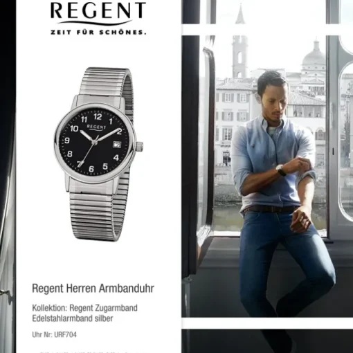 Regent Herren-Armbanduhr F-704 Quarz-Uhr Stahl-Armband silber URF704