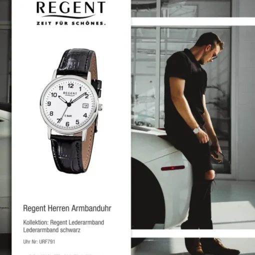 Regent Herren-Armbanduhr F-791 Quarz-Uhr Leder-Armband schwarz URF791