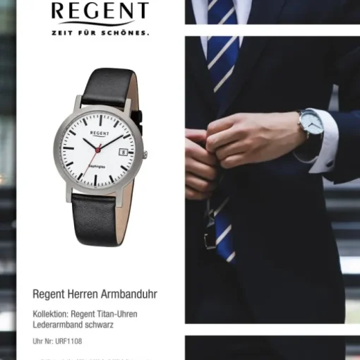 Regent Herren-Armbanduhr 32-F-1108 Quarz-Uhr Titan-Armband schwarz URF1108