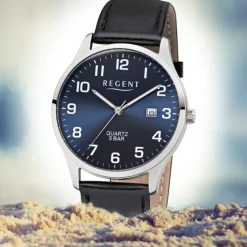 Regent Herren-Armbanduhr F-1240 Quarz-Uhr Leder-Armband schwarz UR1113409