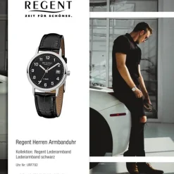 Regent Herren-Armbanduhr F-792 Quarz-Uhr Leder-Armband schwarz URF792