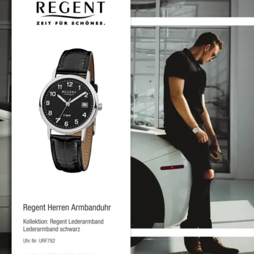 Regent Herren-Armbanduhr F-792 Quarz-Uhr Leder-Armband schwarz URF792