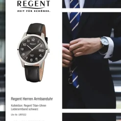 Regent Herren-Armbanduhr F-932 Titan Quarz-Uhr Leder-Armband schwarz URF932