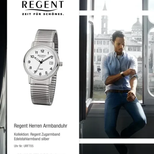 Regent Herren-Armbanduhr F-705 Quarz-Uhr Stahl-Armband silber URF705
