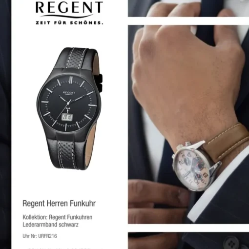 Regent Herren-Armbanduhr 32-FR-216 Funkuhr Leder-Armband schwarz URFR216