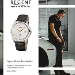 Regent Herren-Armbanduhr F-915 Quarz-Uhr Leder-Armband schwarz URF915