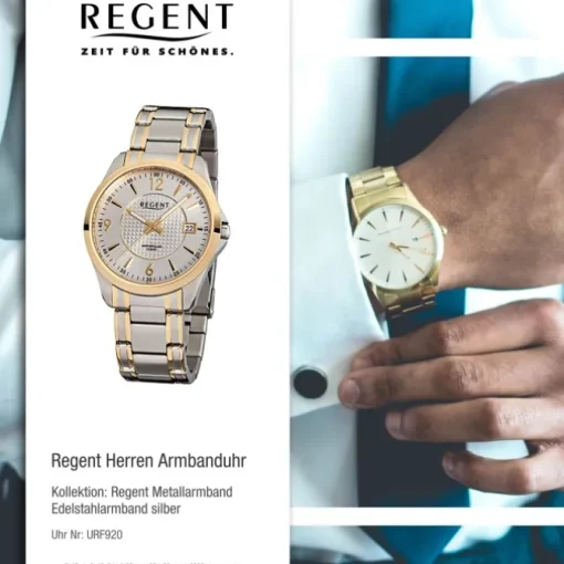 Regent Herren-Armbanduhr F-920 Quarz-Uhr Stahl-Armband silber gold URF920