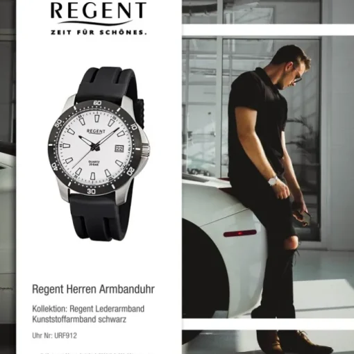 Regent Herren-Armbanduhr F-912 Quarz-Uhr Kunststoff-Armband schwarz URF912