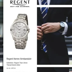 Regent Herren-Armbanduhr F-554 Quarz-Uhr Titan-Armband silber URF554