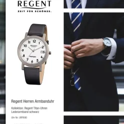 Regent Herren-Armbanduhr F-690 Titan-Uhr Leder-Armband schwarz URF690