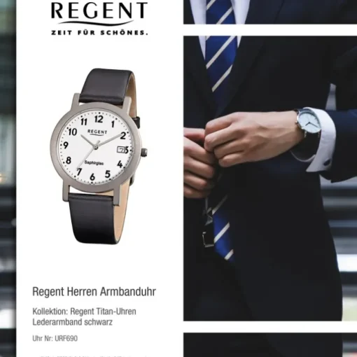 Regent Herren-Armbanduhr F-690 Titan-Uhr Leder-Armband schwarz URF690