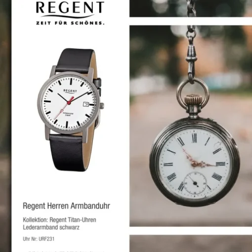 Regent Herren-Armbanduhr F-231 Titan-Uhr Leder-Armband schwarz URF231