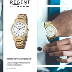 Regent Herren-Armbanduhr F-776 Quarz-Uhr Stahl-Armband gold URF776