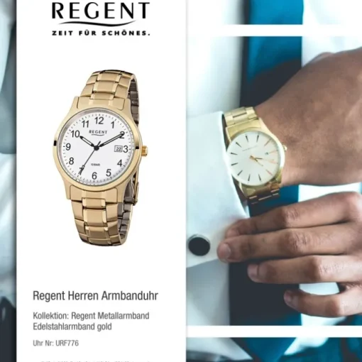 Regent Herren-Armbanduhr F-776 Quarz-Uhr Stahl-Armband gold URF776