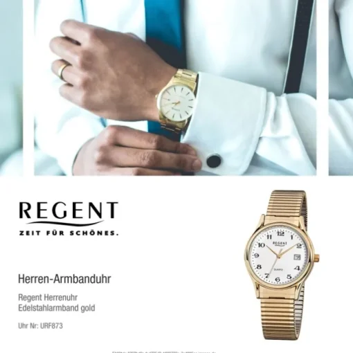 Regent Herren-Armbanduhr F-873 Quarz-Uhr Stahl-Armband gold URF873