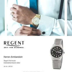Regent Herren-Armbanduhr F-291 Quarz-Uhr Stahl-Armband silber URF291