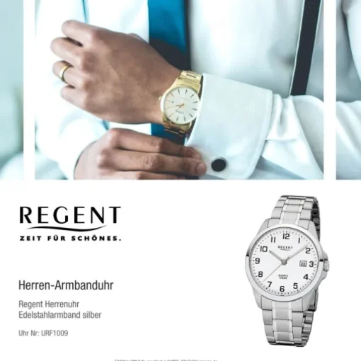 Regent Herren-Armbanduhr 32-F-1009 Quarz-Uhr Edelstahl-Armband silber URF1009