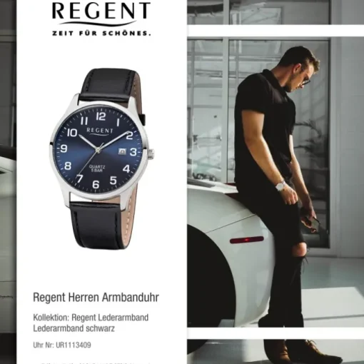 Regent Herren-Armbanduhr F-1240 Quarz-Uhr Leder-Armband schwarz UR1113409