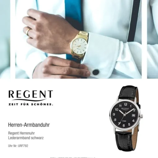 Regent Herren-Armbanduhr F-792 Quarz-Uhr Leder-Armband schwarz URF792