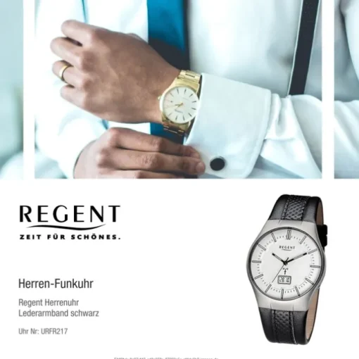 Regent Herren-Armbanduhr 32-FR-217 Funkuhr Leder-Armband schwarz URFR217