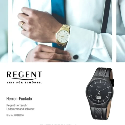 Regent Herren-Armbanduhr 32-FR-216 Funkuhr Leder-Armband schwarz URFR216