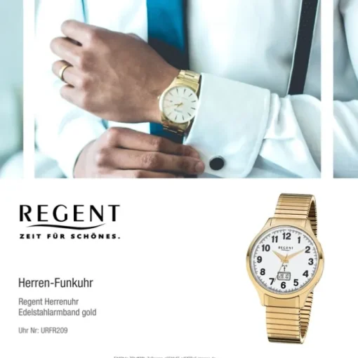 Regent Herren-Armbanduhr 32-FR-209 Funkuhr Edelstahl-Armband gold URFR209