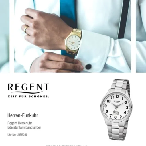 Regent Herren-Armbanduhr 32-FR-230 Funkuhr Edelstahl-Armband silber URFR230