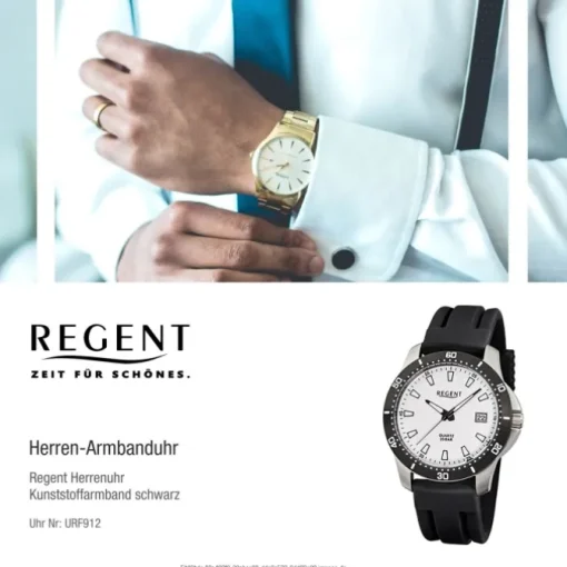 Regent Herren-Armbanduhr F-912 Quarz-Uhr Kunststoff-Armband schwarz URF912