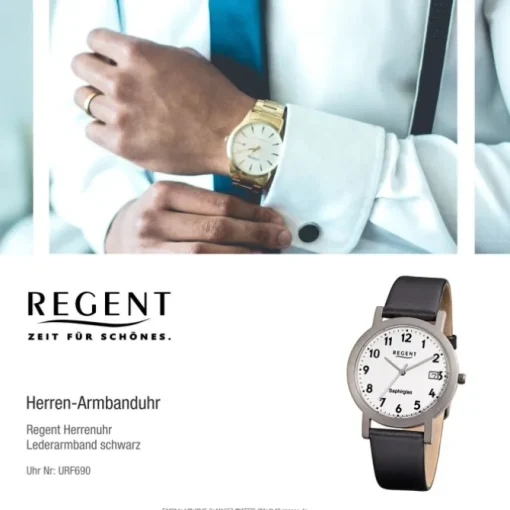Regent Herren-Armbanduhr F-690 Titan-Uhr Leder-Armband schwarz URF690