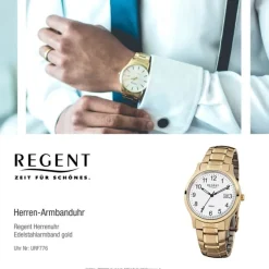 Regent Herren-Armbanduhr F-776 Quarz-Uhr Stahl-Armband gold URF776
