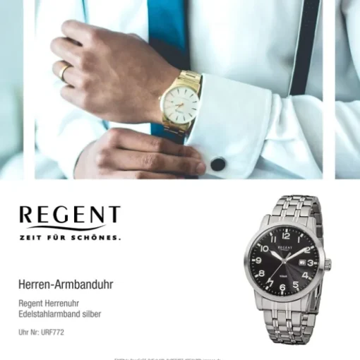 Regent Herren-Armbanduhr F-772 Quarz-Uhr Stahl-Armband silber URF772