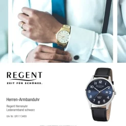 Regent Herren-Armbanduhr F-1240 Quarz-Uhr Leder-Armband schwarz UR1113409