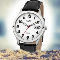 Regent Herren-Armbanduhr Mineralglas Quarz Leder schwarz URF788