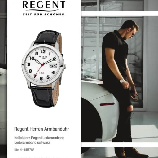 Regent Herren-Armbanduhr Mineralglas Quarz Leder schwarz URF788