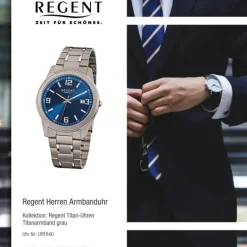 Regent Herren-Armbanduhr Mineralglas Quarz Titan grau silber URF840