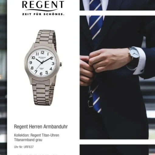 Regent Herren-Armbanduhr Mineralglas Quarz Titan grau silber URF837