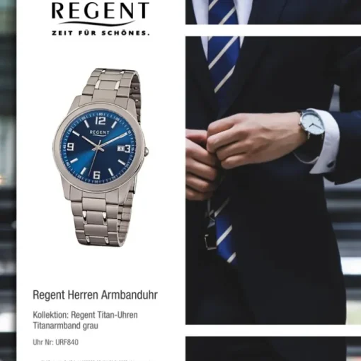 Regent Herren-Armbanduhr Mineralglas Quarz Titan grau silber URF840