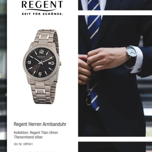 Regent Herren-Armbanduhr Mineralglas Quarz Titan silber grau URF841