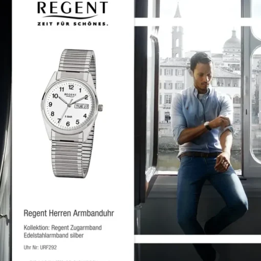 Regent Herren-Armbanduhr Mineralglas Quarz Edelstahl silber URF292