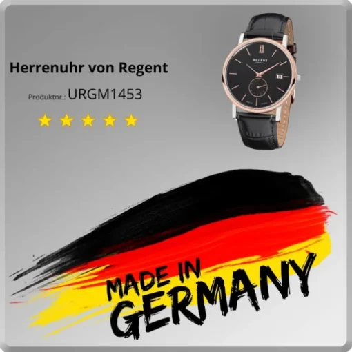 Regent Herren-Armbanduhr Quarz-Uhr Leder-Armband schwarz Uhr URGM1453