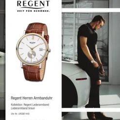 Regent Herren-Armbanduhr Quarz-Uhr Leder-Armband braun Uhr URGM1449