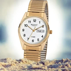 Regent Herren-Uhr Mineralglas Quarz Edelstahl Gold ionenplattiert URF293