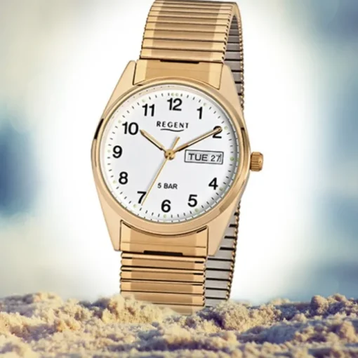 Regent Herren-Uhr Mineralglas Quarz Edelstahl Gold ionenplattiert URF293