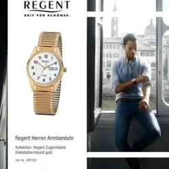 Regent Herren-Uhr Mineralglas Quarz Edelstahl Gold ionenplattiert URF293