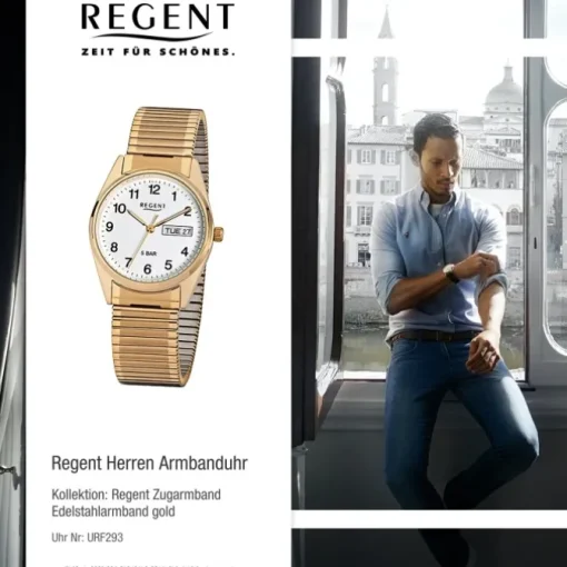 Regent Herren-Uhr Mineralglas Quarz Edelstahl Gold ionenplattiert URF293