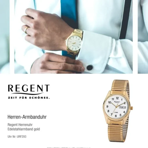 Regent Herren-Uhr Mineralglas Quarz Edelstahl Gold ionenplattiert URF293