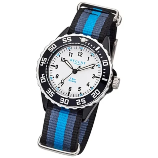 Regent Kinder Armbanduhr Analog F-1204 Quarz-Uhr Textil blau schwarz URBA383