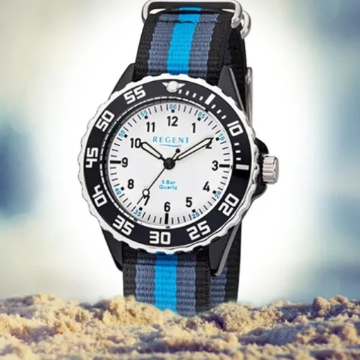 Regent Kinder Armbanduhr Analog F-1204 Quarz-Uhr Textil blau schwarz URBA383
