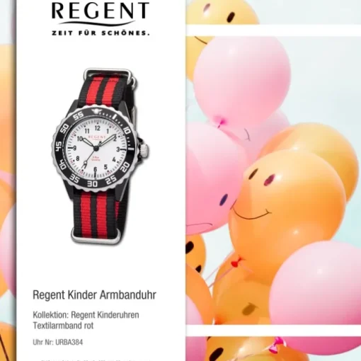 Regent Kinder Armbanduhr Analog F-1205 Quarz-Uhr Textil rot schwarz URBA384
