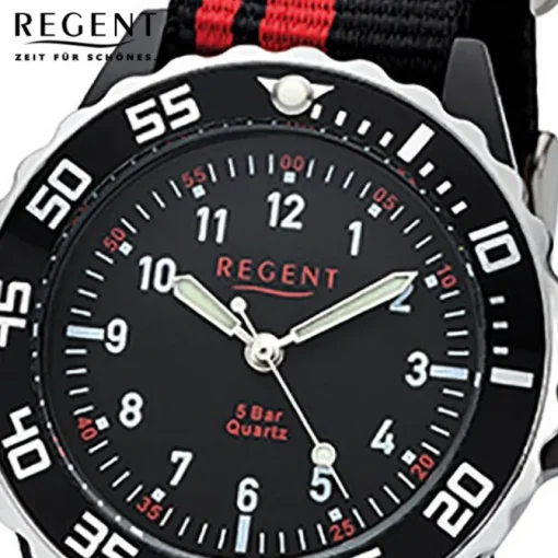 Regent Kinder, Jugend-Armbanduhr 32-F-1124 Textil Stoff-Armband schwarz rot URF1 URF1124